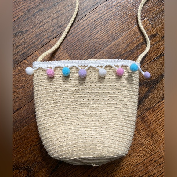 Crossbody Bag Kid Purse Woven PomPom accents Cream Pastel Pink Blue White Purple - Picture 3 of 10